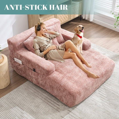 Chenille Interior Lazy Sofa Chaise Lounge Armchair with Pillows and Armrests - Pink-海智集-Default-