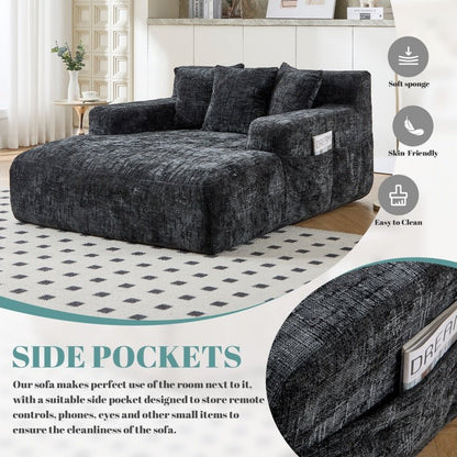 Chenille Interior Lazy Sofa Chaise Lounge Armchair with Three Pillows and Armrests, Black, Soft Chenille, 61.42x48.43x27.95 inches - 海智集