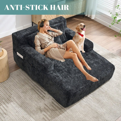 Chenille Interior Lazy Sofa Chaise Lounge Armchair with Three Pillows and Armrests, Black, Soft Chenille, 61.42x48.43x27.95 inches-海智集-Default-