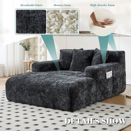 Chenille Interior Lazy Sofa Chaise Lounge Armchair with Three Pillows and Armrests, Black, Soft Chenille, 61.42x48.43x27.95 inches-海智集-Default-