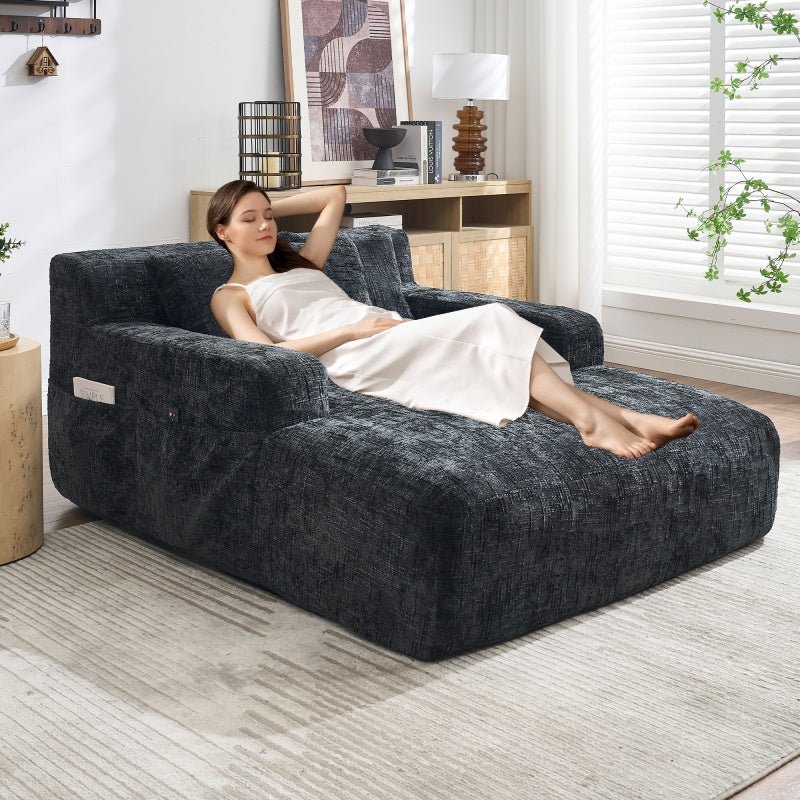 Chenille Interior Lazy Sofa Chaise Lounge Armchair with Three Pillows and Armrests, Black, Soft Chenille, 61.42x48.43x27.95 inches-海智集-Default-
