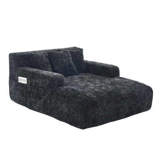 Chenille Interior Lazy Sofa Chaise Lounge Armchair with Three Pillows and Armrests, Black, Soft Chenille, 61.42x48.43x27.95 inches-海智集-Default-