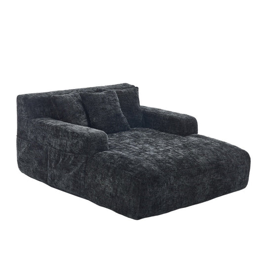 Chenille Interior Lazy Sofa Chaise Lounge Armchair with Three Pillows and Armrests, Black, Soft Chenille, 61.42x48.43x27.95 inches-海智集-Default-