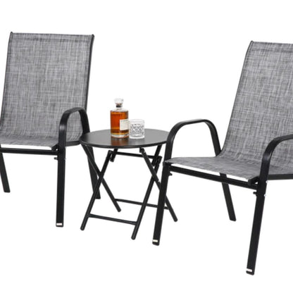 3 Piece Patio set, Outdoor Camping Chairs with Breathable Textilene Fabric, folding table with steel table top, 2chairs and 1table set ( Grey)-海智集-Default-