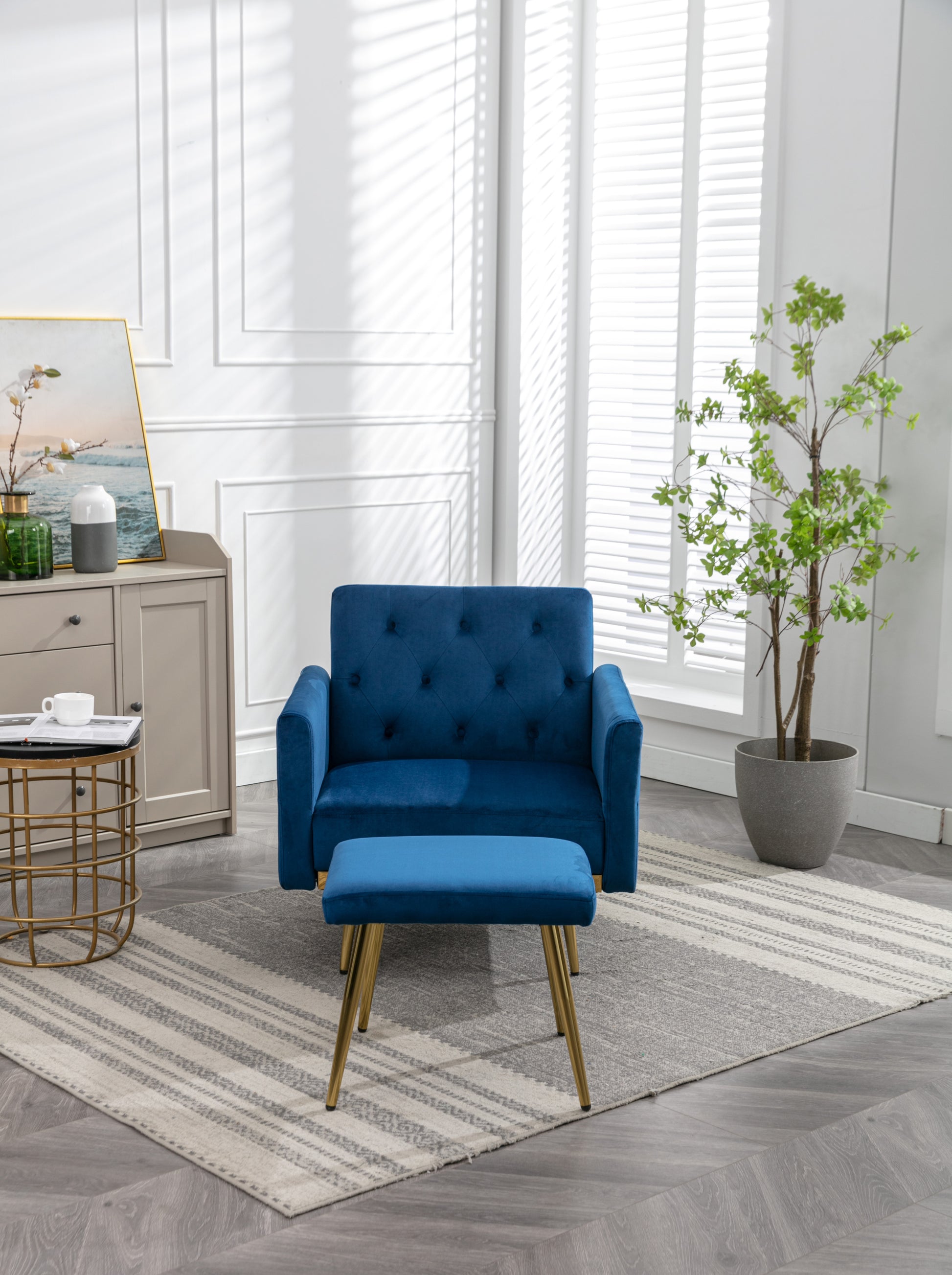 COOLMORE Velvet Accent Chair with Adjustable Armrests and Backrest, Button Tufted Lounge Chair, Single Recliner Armchair with Ottoman-海智集-Default-