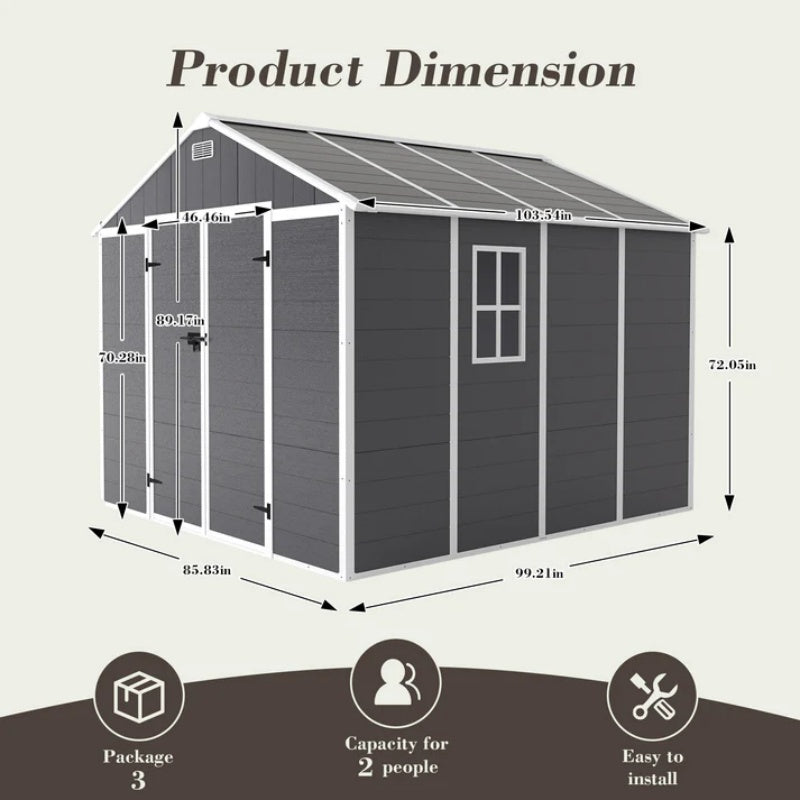 Campcraft 8*8ft resin storage shed, high quality pp material, strong structure, waterproof, rust and UV proof, large storage space, 12mm thick pp board, HD window lighting Dark gray-海智集-Default-
