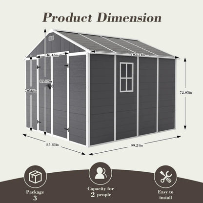 Campcraft 8*8ft resin storage shed, high quality pp material, strong structure, waterproof, rust and UV proof, large storage space, 12mm thick pp board, HD window lighting Dark gray-海智集-Default-