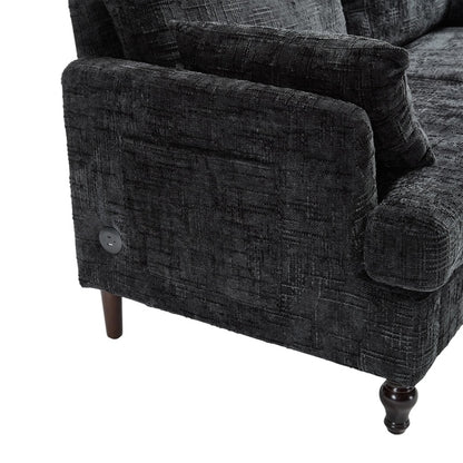 Modern Style Chenille 2-Seater Sofa with LED Light, USB Port and Storage Bag in Black-海智集-Default-