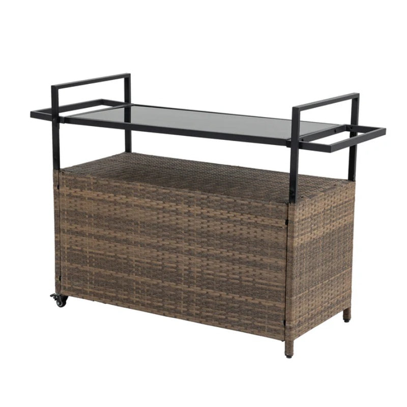 Outdoor Wicker Bar Cart, Patio Wine Serving Cart w/Wheels , Rolling Rattan Beverage Bar Counter Table w/Glass Top for Porch Backyard Garden Poolside Party, Light brown-海智集-Default-