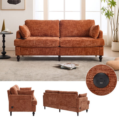 Modern Style Chenille 2-Seater Sofa with LED Light, USB Charging Port & Storage Bag in Orange-海智集-Default-