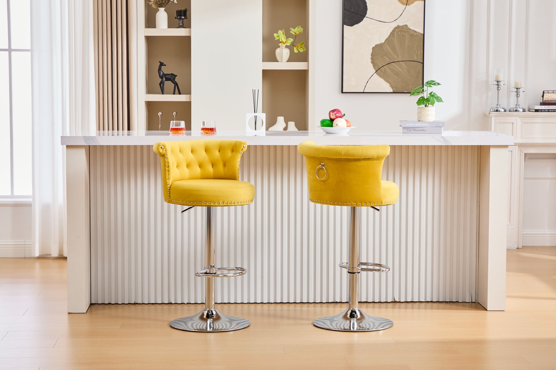 COOLMORE Velvet Bar Stool Set of 2, Adjustable Swivel Bar Stools with Silver Plated Metal Leg, Chrome Nailhead, Counter Height Chair for Kitchen,Dining Room-海智集-Default-