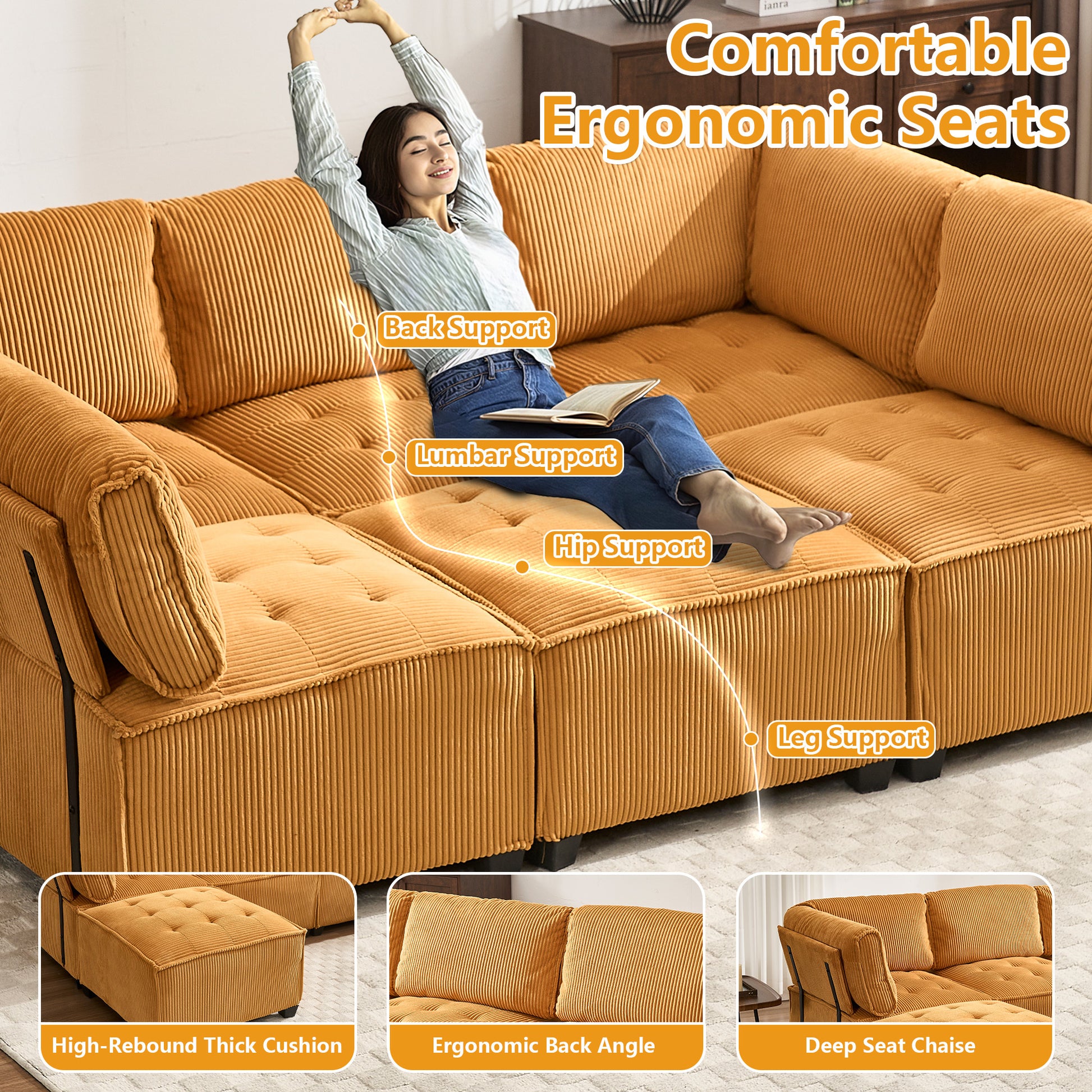 UNITED WE WIN Modular Sectional Sofa U Shaped Modular Couch with Reversible Chaise Modular Sofa Sectional Couch,6- Seat Convertible Sofa,Fit for Living Room-海智集-Default-