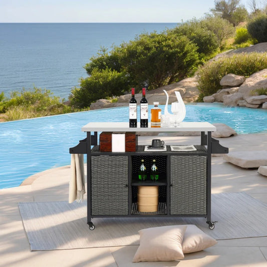 Large bar cart,Outdoor Kitchen Wicker Island Rolling Cart & Storage Cabinet, Wheels and Stainless Steel Extended Table Top, Side Handle for Patio Kitchen or Bar Cart, Grey-海智集-Default-