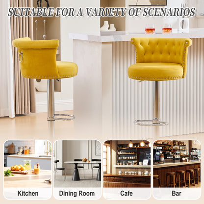 COOLMORE Velvet Bar Stool Set of 2, Adjustable Swivel Bar Stools with Silver Plated Metal Leg, Chrome Nailhead, Counter Height Chair for Kitchen,Dining Room-海智集-Default-
