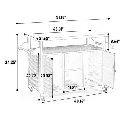 Large bar cart,Outdoor Kitchen Wicker Island Rolling Cart & Storage Cabinet, Wheels and Stainless Steel Extended Table Top, Side Handle for Patio Kitchen or Bar Cart, Grey-海智集-Default-