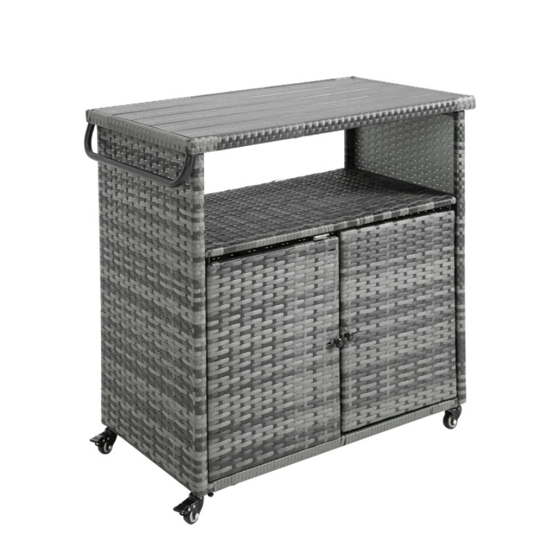Outdoor Wicker Bar Cart, Patio Wine Serving Cart w/Wheels , Rolling Rattan Beverage Bar Counter Table w/Glass Top for Porch Backyard Garden Poolside Party, Light brown-海智集-Default-