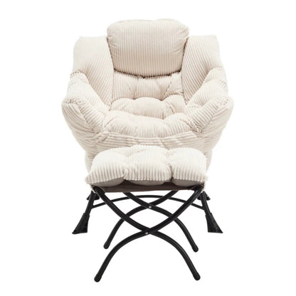 Lazy Chair with Ottoman, Modern Lounge Accent Chair with Armrests and a Side Pocket, Leisure Upholstered Sofa Chair Reading Chair with Footrest for Small Space, Corner Chair-White-海智集-Default-