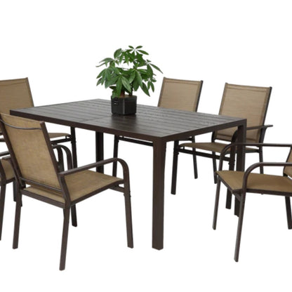 7 Pieces Patio Dining Set, Outdoor Furniture Table and 6 Textilene Chairs, Outdoor Furniture with Rectangular Table and 6 Stackable Chairs Family Conversation Set for Garden Backyard Deck-Brown-海智集-Default-