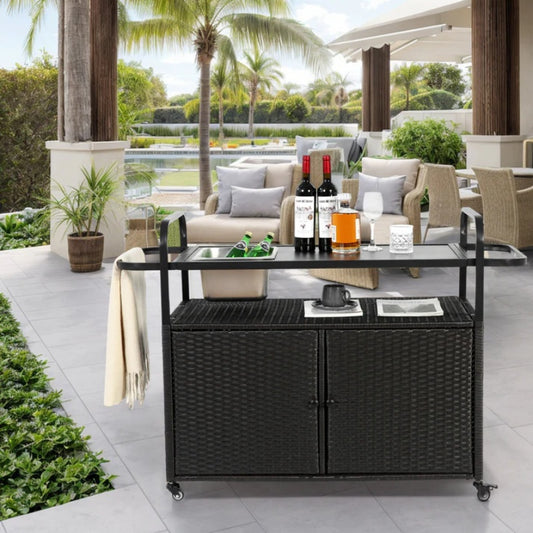 Outdoor Bar Table, Wicker Bar Cart with Cabinet, Patio Serving Cart with steel Top, with one ice bucket,Lockable Wheels, Side Basket for Garden, Poolside & Backyard, Black-海智集-Default-