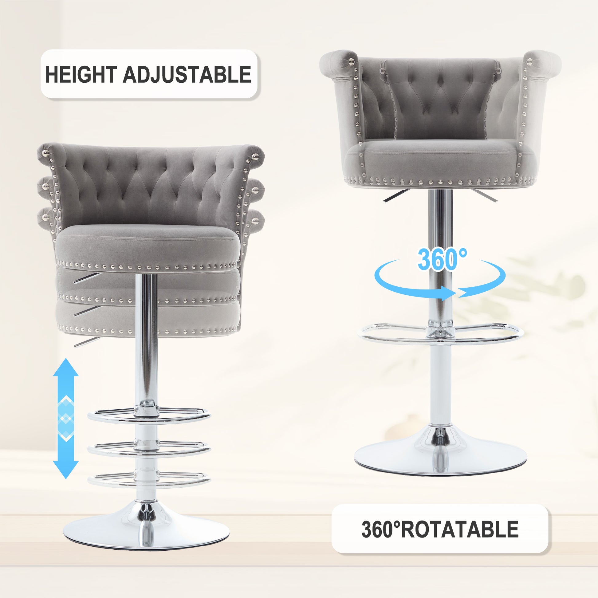 COOLMORE Velvet Bar Stool Set of 2, Adjustable Swivel Bar Stools with Silver Plated Metal Leg, Chrome Nailhead, Counter Height Chair for Kitchen,Dining Room-海智集-Default-