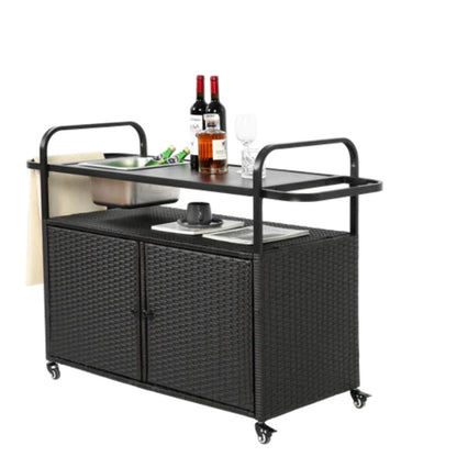 Outdoor Bar Table, Wicker Bar Cart with Cabinet, Patio Serving Cart with steel Top, with one ice bucket,Lockable Wheels, Side Basket for Garden, Poolside & Backyard, Black-海智集-Default-