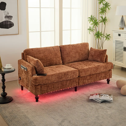 Modern Style Chenille 2-Seater Sofa with LED Light, USB Charging Port & Storage Bag in Orange-海智集-Default-