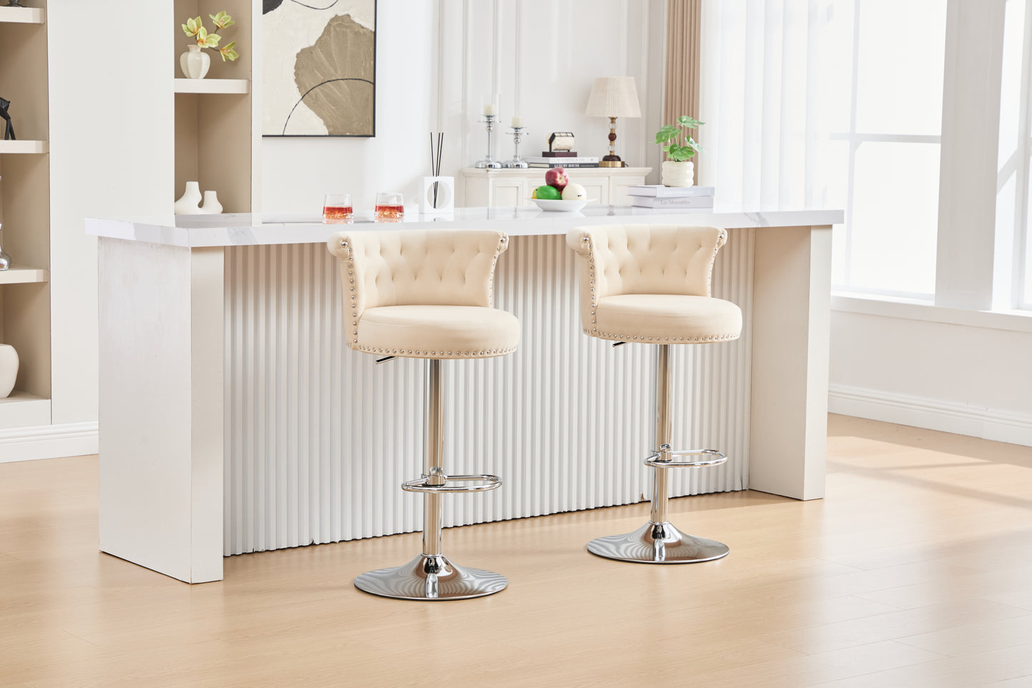 COOLMORE Velvet Bar Stool Set of 2, Adjustable Swivel Bar Stools with Silver Plated Metal Leg, Chrome Nailhead, Counter Height Chair for Kitchen,Dining Room-海智集-Default-