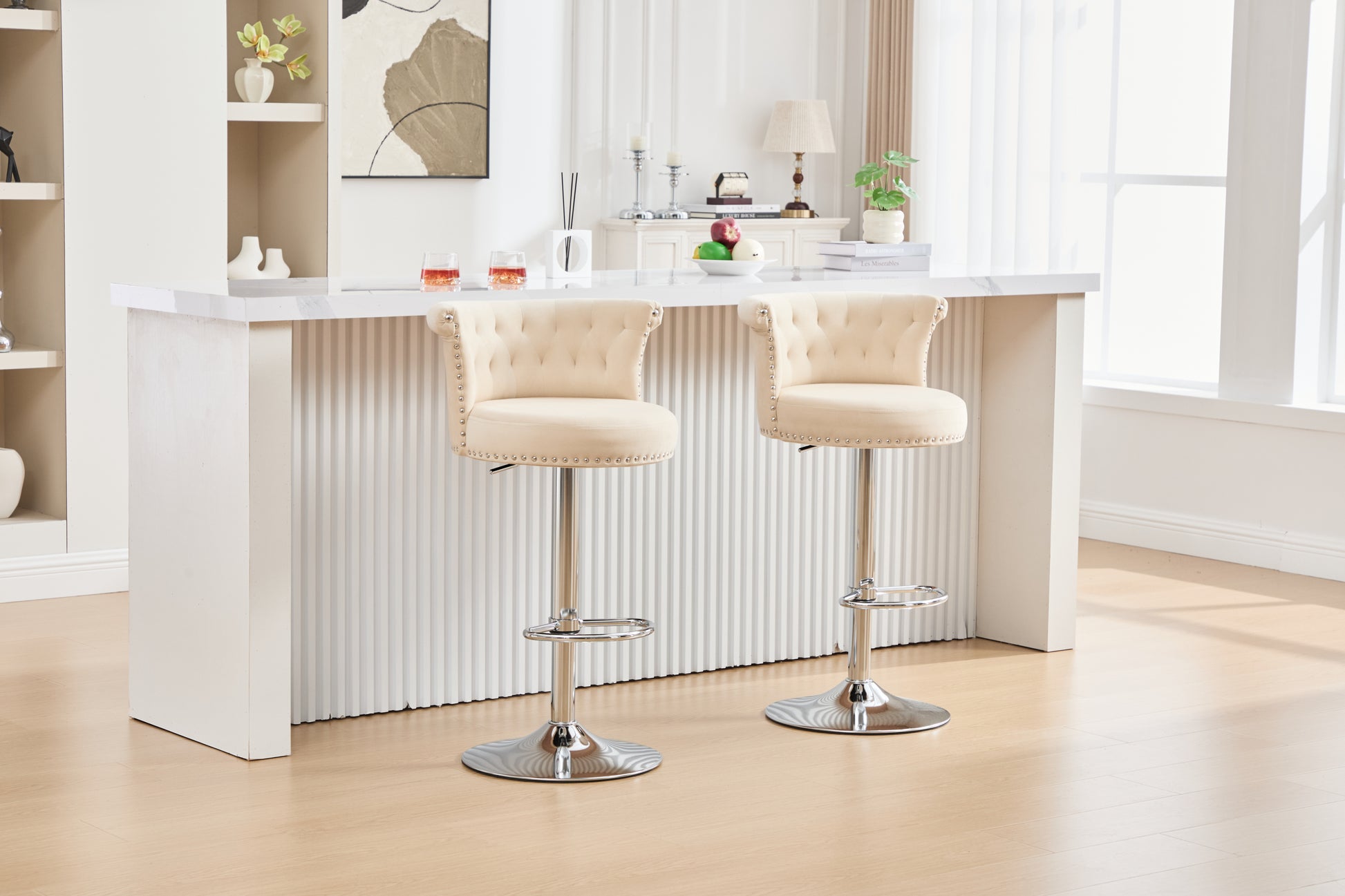 COOLMORE Velvet Bar Stool Set of 2, Adjustable Swivel Bar Stools with Silver Plated Metal Leg, Chrome Nailhead, Counter Height Chair for Kitchen,Dining Room-海智集-Default-