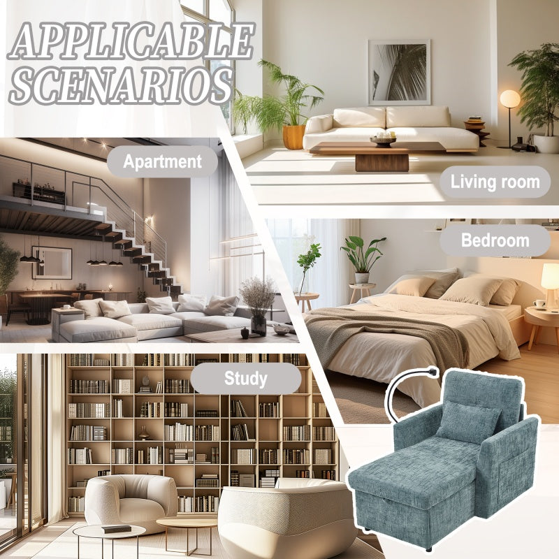 Multifunctional Chenille Recliner with Storage and Phone Bracket for Small Spaces in Lake Blue-海智集-Default-