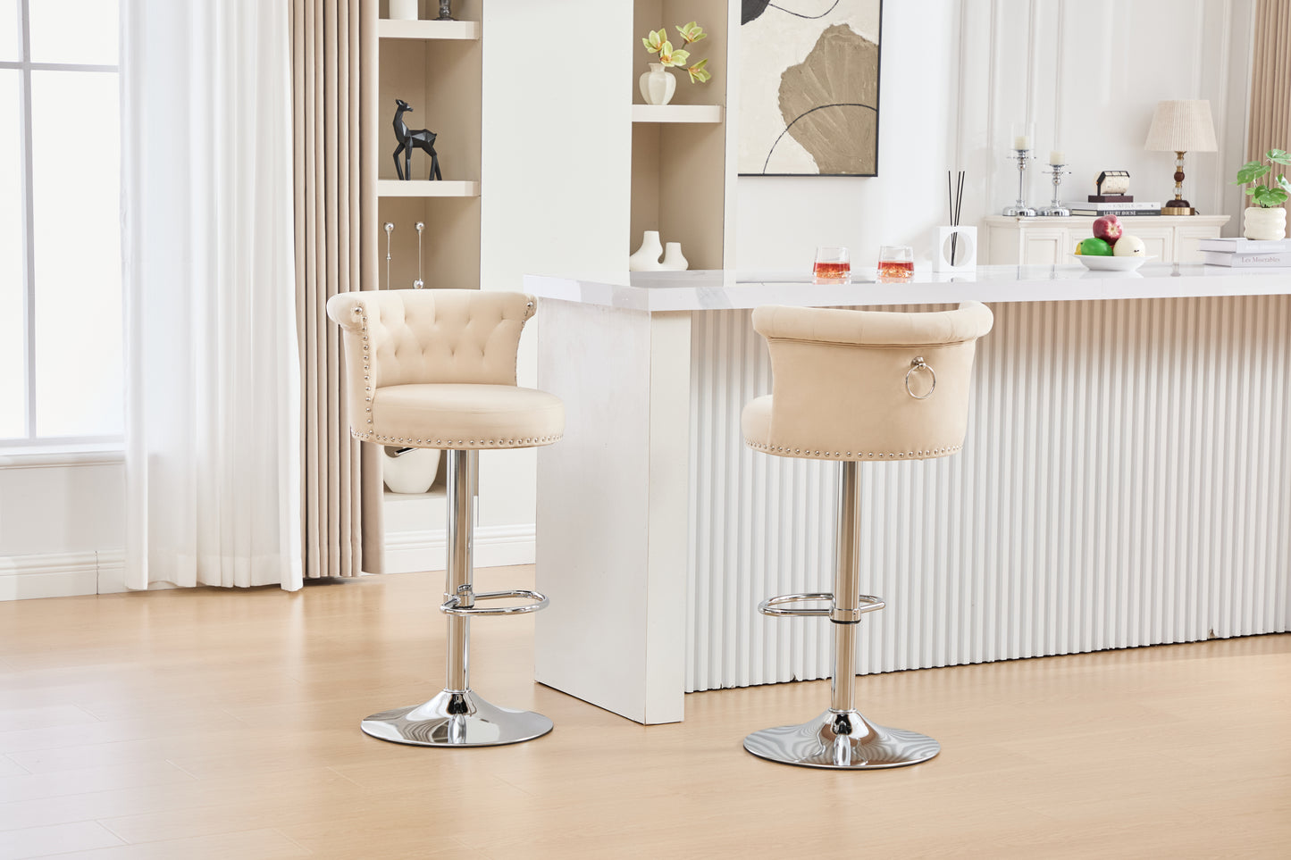 COOLMORE Velvet Bar Stool Set of 2, Adjustable Swivel Bar Stools with Silver Plated Metal Leg, Chrome Nailhead, Counter Height Chair for Kitchen,Dining Room-海智集-Default-