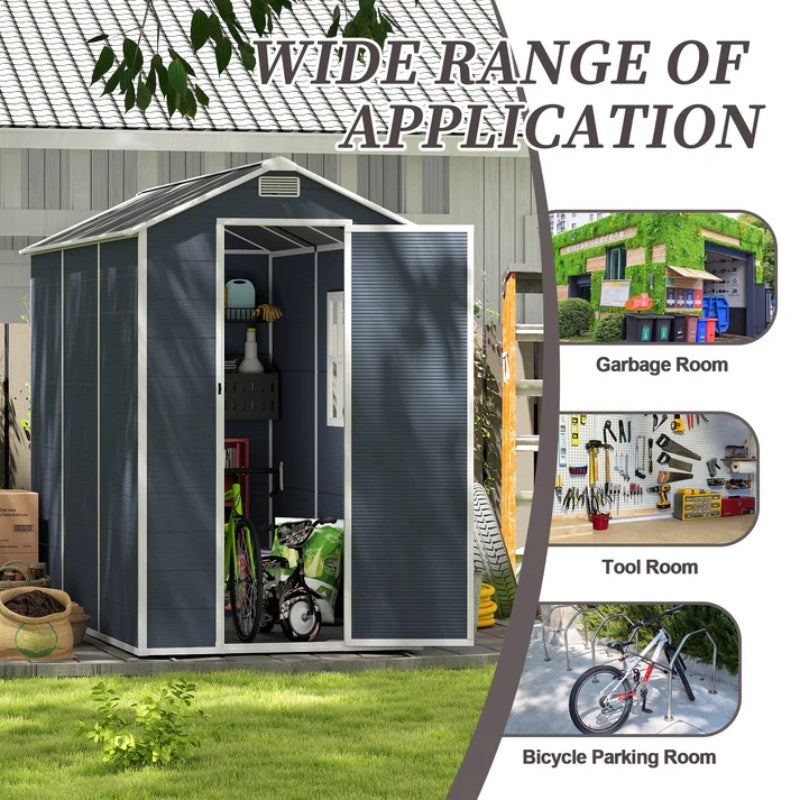 Campcraft 4*8ft resin storage shed, high quality pp material, strong structure, waterproof, rust and UV proof, large storage space, 12mm thick pp board, HD window lighting Dark gray-海智集-Default-