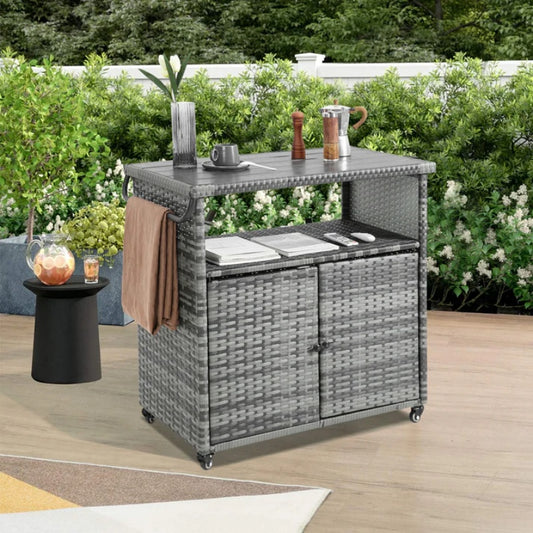 Outdoor Wicker Bar Cart, Patio Wine Serving Cart w/Wheels , Rolling Rattan Beverage Bar Counter Table w/Glass Top for Porch Backyard Garden Poolside Party, Light brown-海智集-Default-