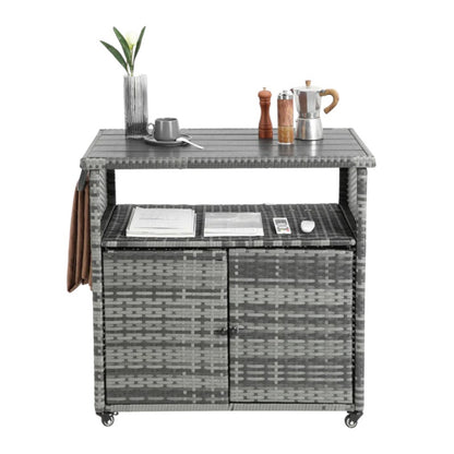 Outdoor Wicker Bar Cart, Patio Wine Serving Cart w/Wheels , Rolling Rattan Beverage Bar Counter Table w/Glass Top for Porch Backyard Garden Poolside Party, Light brown-海智集-Default-