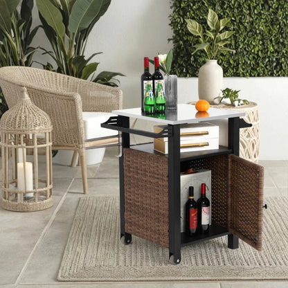 Single door bar cart,Outdoor Kitchen Wicker Island Rolling Cart & Storage Cabinet, Wheels and Stainless Steel Extended Table Top, Side Handle for Patio Kitchen or Bar Cart, Brown-海智集-Default-
