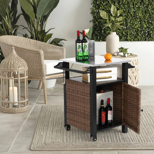 Single door bar cart,Outdoor Kitchen Wicker Island Rolling Cart & Storage Cabinet, Wheels and Stainless Steel Extended Table Top, Side Handle for Patio Kitchen or Bar Cart, Brown-海智集-Default-