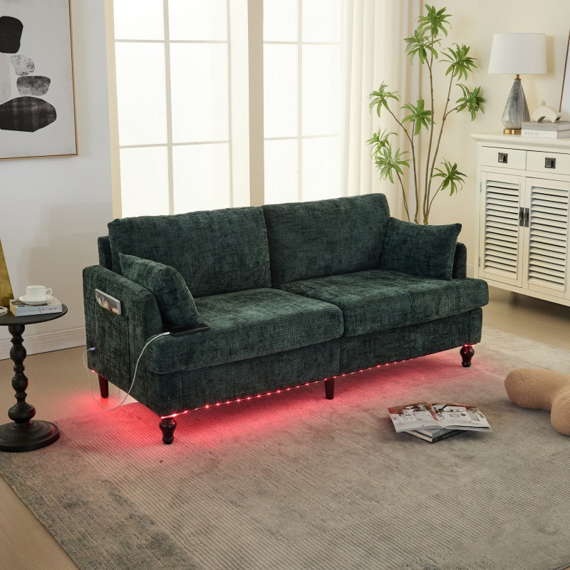Modern Chenille 2-Seater Sofa with LED Light, USB Charging Port, and Storage Bag in Emerald-海智集-Default-