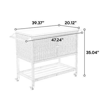 Outdoor Wicker Bar Cart, Patio Wine Serving Cart w/Wheels, Rolling Rattan Beverage Bar Counter Table w/Glass Top for Porch Backyard Garden Poolside Party, Brown-海智集-Default-