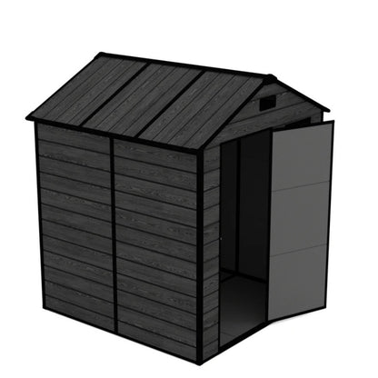 Campcraft 6*6ft resin storage shed, high quality pp material, strong structure, waterproof, rust and UV proof, large storage space, 12mm thick pp board, HD window lighting Black wood grain color-海智集-Default-