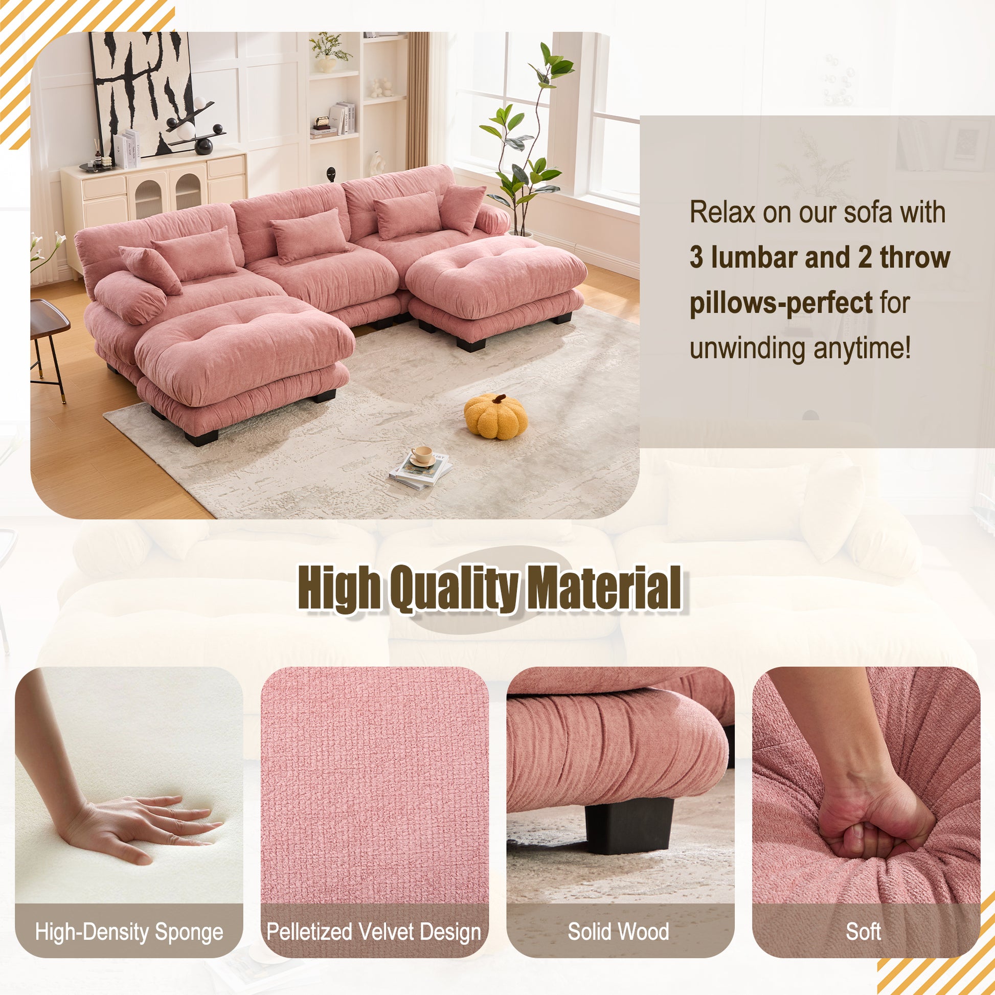 UNITED WE WIN Pelletized velvet U Shape Cloud Couch with 2 Ottomans,Free Combined 3 Seater Comfy Sofa with Bolster Armrest Pillows, sofa for Living Room-海智集-Default-