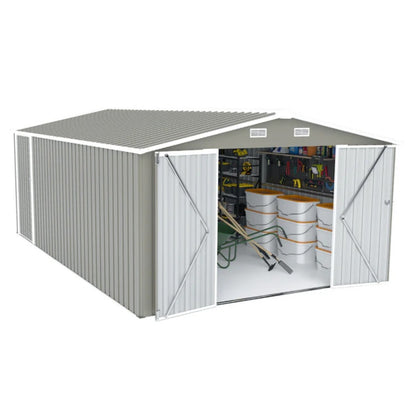Campcraft Outdoor Storage Shed 10×14 FT with 3 Lockable Doors,Utility Tool Shed Metal Storage Garden Sheds Frame and 4 Vents,for Backyard,Patio,Lawn,Light Grey-海智集-Default-