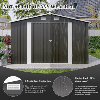 Campcraft Outdoor Storage Shed 10×14 FT with 3 Lockable Doors,Utility Tool Shed Metal Storage Garden Sheds Frame and 4 Vents,for Backyard,Patio,Lawn,dark Grey-海智集-Default-