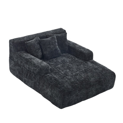 Chenille Interior Lazy Sofa Chaise Lounge Armchair with Three Pillows and Armrests, Black, Soft Chenille, 61.42x48.43x27.95 inches-海智集-Default-