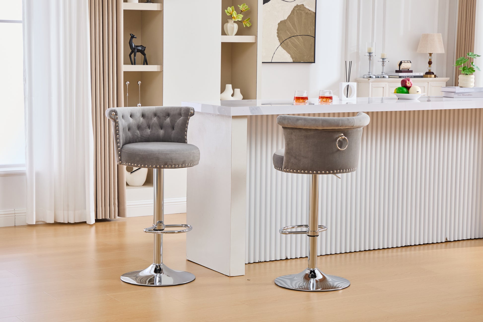 COOLMORE Velvet Bar Stool Set of 2, Adjustable Swivel Bar Stools with Silver Plated Metal Leg, Chrome Nailhead, Counter Height Chair for Kitchen,Dining Room-海智集-Default-
