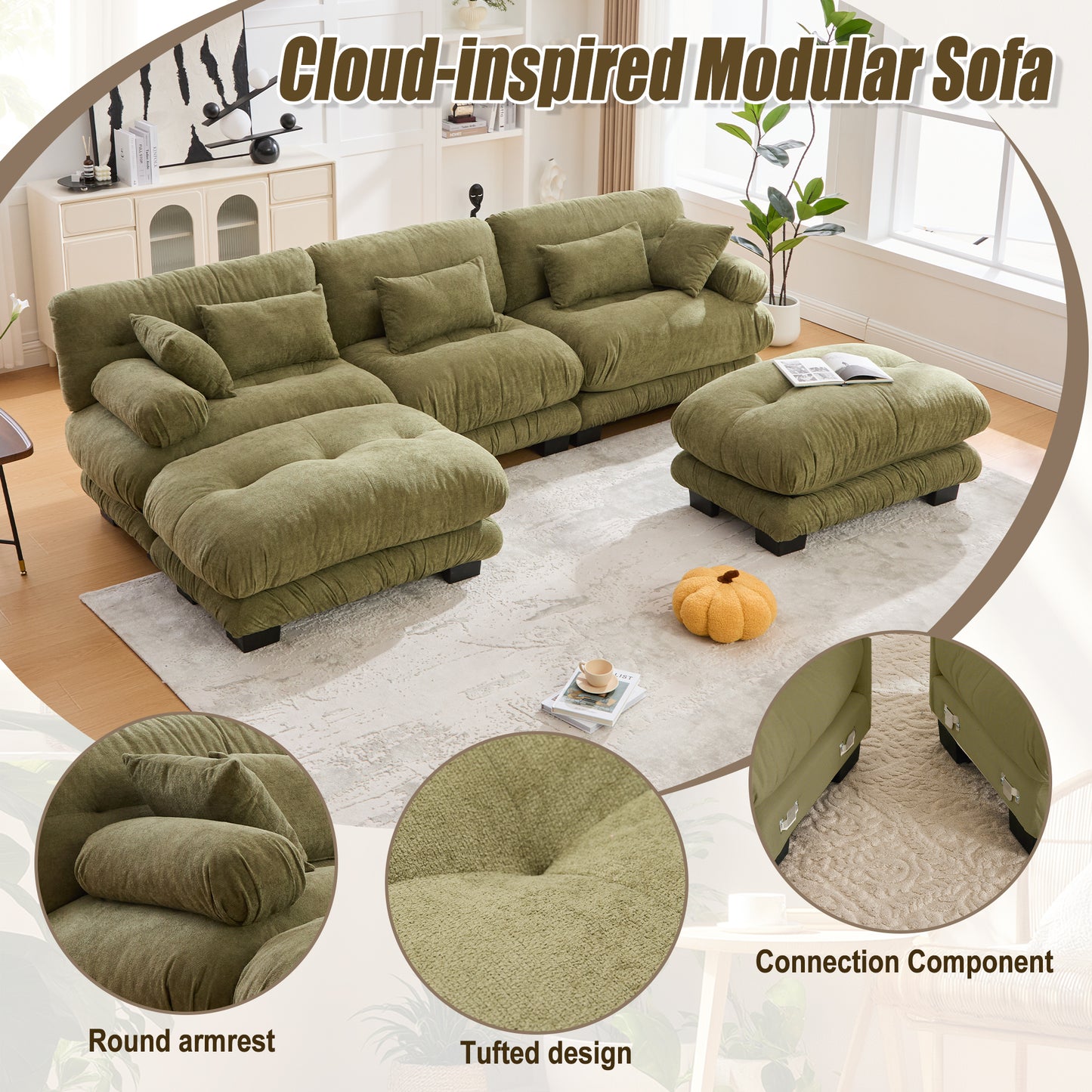 UNITED WE WIN Pelletized velvet U Shape Cloud Couch with 2 Ottomans,Free Combined 3 Seater Comfy Sofa with Bolster Armrest Pillows, sofa for Living Room-海智集-Default-