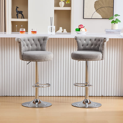 COOLMORE Velvet Bar Stool Set of 2, Adjustable Swivel Bar Stools with Silver Plated Metal Leg, Chrome Nailhead, Counter Height Chair for Kitchen,Dining Room-海智集-Default-
