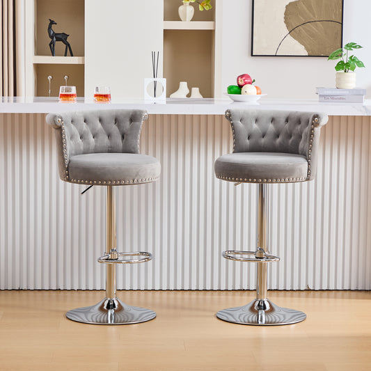 COOLMORE Velvet Bar Stool Set of 2, Adjustable Swivel Bar Stools with Silver Plated Metal Leg, Chrome Nailhead, Counter Height Chair for Kitchen,Dining Room-海智集-Default-