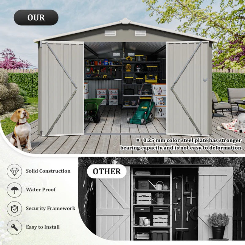 Campcraft Outdoor Storage Shed 10×14 FT with 3 Lockable Doors,Utility Tool Shed Metal Storage Garden Sheds Frame and 4 Vents,for Backyard,Patio,Lawn,Light Grey-海智集-Default-