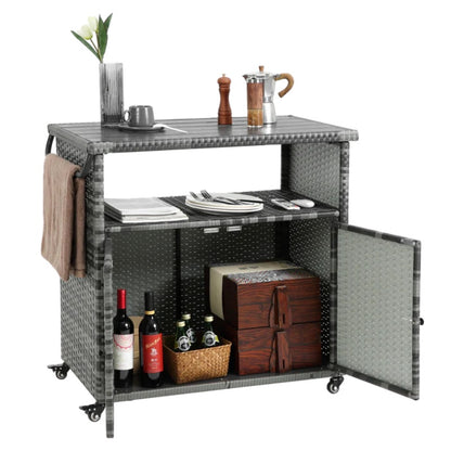 Outdoor Wicker Bar Cart, Patio Wine Serving Cart w/Wheels , Rolling Rattan Beverage Bar Counter Table w/Glass Top for Porch Backyard Garden Poolside Party, Light brown-海智集-Default-