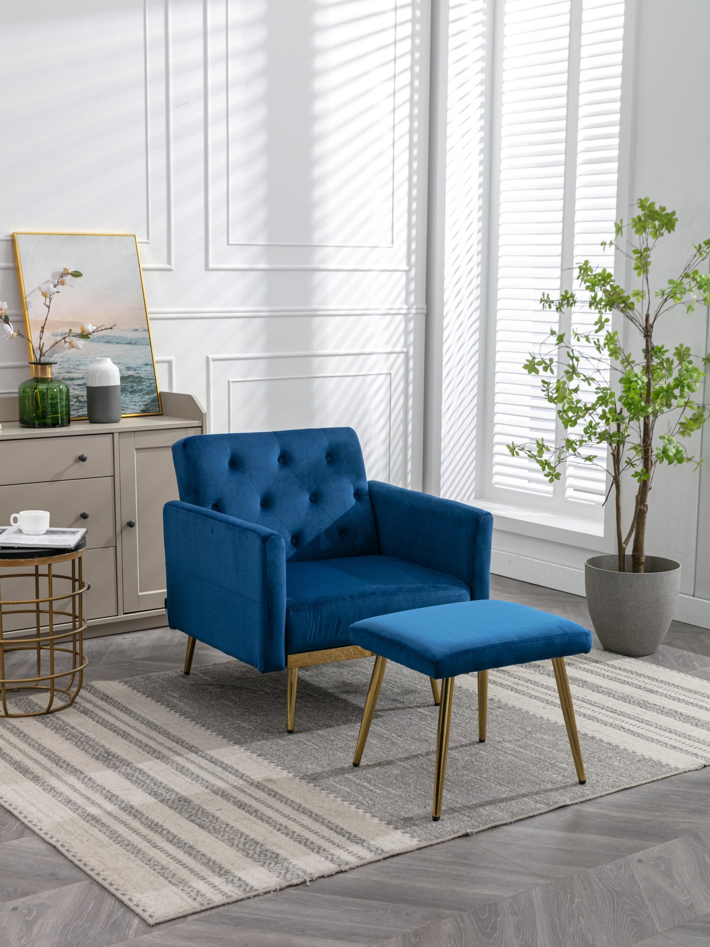 COOLMORE Velvet Accent Chair with Adjustable Armrests and Backrest, Button Tufted Lounge Chair, Single Recliner Armchair with Ottoman-海智集-Default-