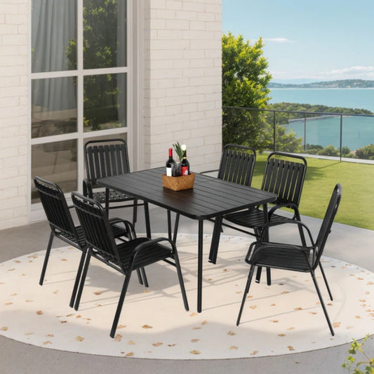 7 Pieces Patio Dining Set, Plastic chair and steel table Outdoor Set, plastic Chairs and Table Set for Garden Patio, Black-海智集-Default-